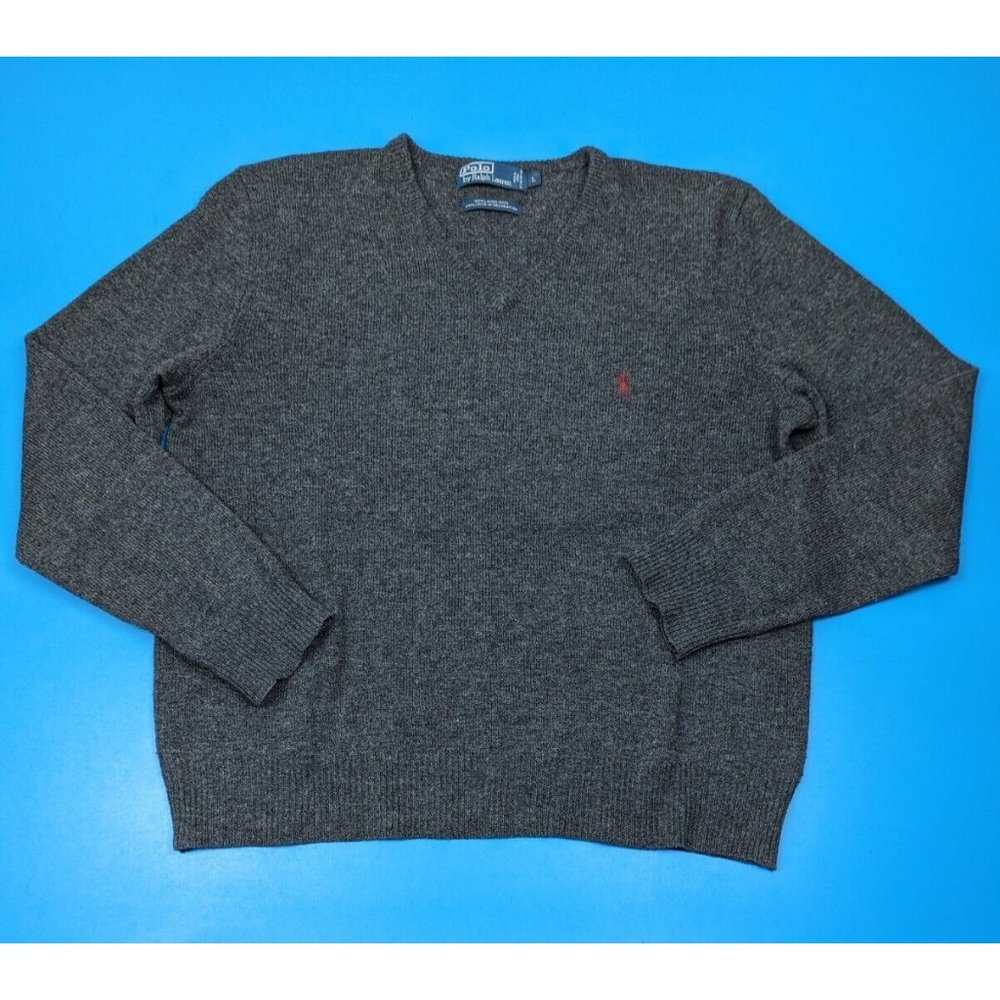 Polo Ralph Lauren Sweater Men's Large Gray 100% Lambs Wool V Neck Pony